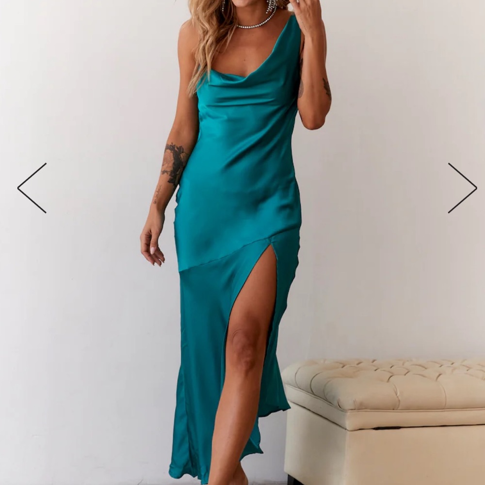 Hello Molly Teal Satin Cowl Neck Midi Dress with Thigh Slit